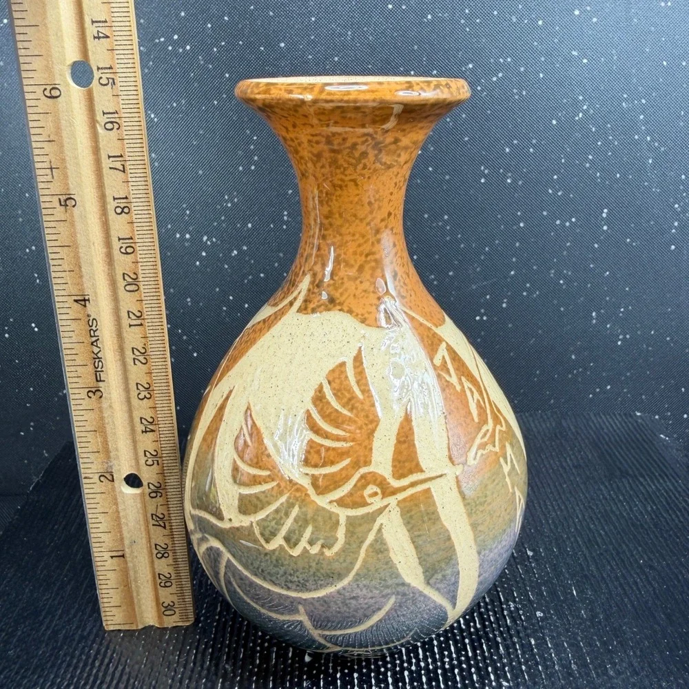 Frazer Signed Sgraffito Hummingbird Art Pottery Vase Ochre Green Purple 6 Inch